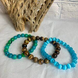3 Glass Stretch Bracelets - Cat's Eye - Tiger's Eye - Glass Bead